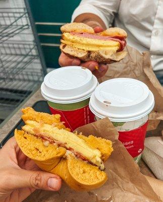 Egg, Bacon & Cheese in an Egg Bagel, Jersey Pork Roll on an Everything bagel with 2 vanilla lattes.