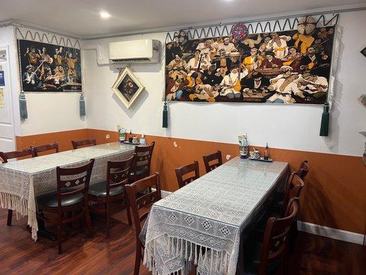 Dining area with tapestries