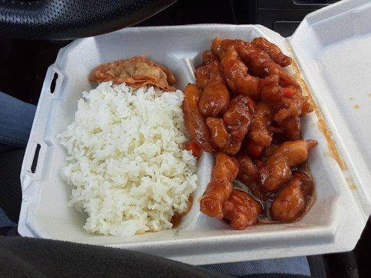 Their signature Pink Pepper Chicken dinner plate.