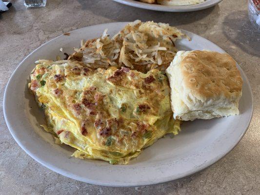 Western omelet, hash browns and an AWESOME biscuit.