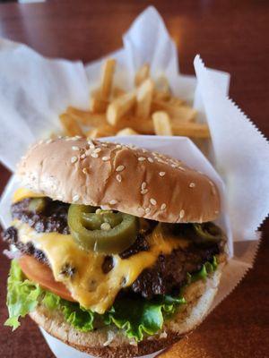 Monster burger with jalapeños