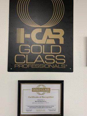 We are a I-Car Gold Class Shop   All of our tech are trained to repair cars back to factory spec