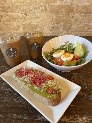 iced smoked mocha latte iced dirty chai latte avocado toast savory breakfast bowl