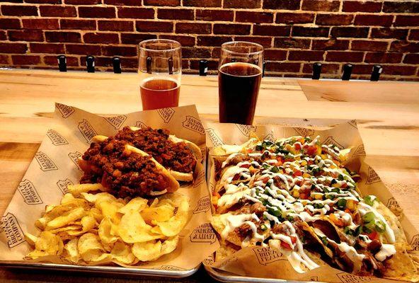 Chili-Cheese Dogs, Pulled Pork Nachos and Levity's own Red and Brown Ales.