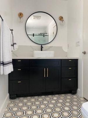 Quartz vanity with vintage backsplash design. Love how it turned out.