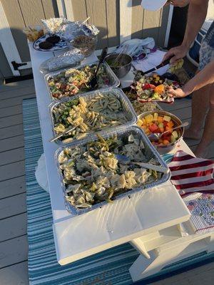 Bow tie pasta with string beans and olives, cavatelli and broccoli, BLT pasta salad, tortellini salad