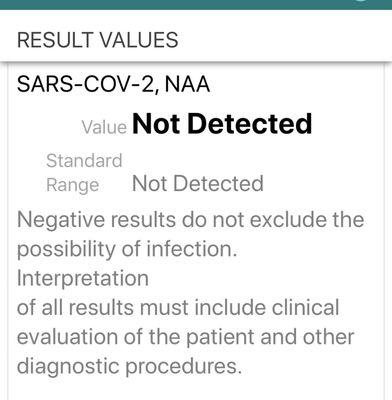 Test result in 48 hours. Wear a mask, wash your hands, shelter-in-place, and stay home.