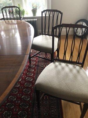 Ralph Lauren fabric on classic inlaid Dinning room chairs, with nails .