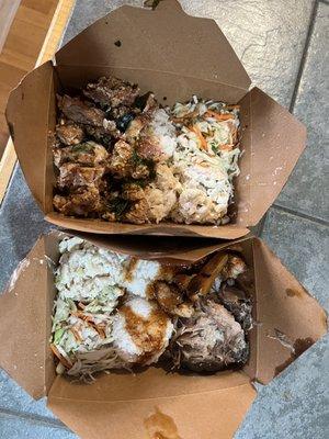 Chrissy basil chicken (top) and combo plate with huli chicken and kalua pork (bottom). Filling portions!