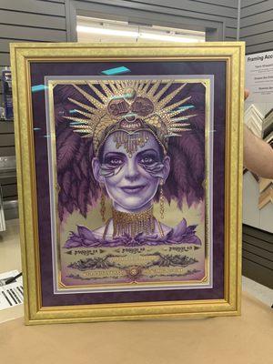 Framed poster, double matted with purple suede and lavender, conservation glass