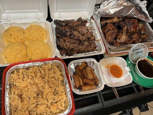 Rice, chicken skewers, bbq chicken, lumpia