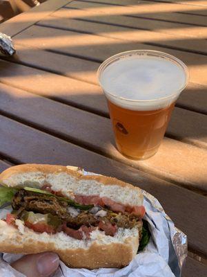 Black bean burger and IPA