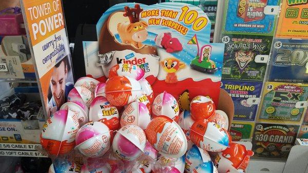 They sell Kinder Eggs here! $3.49. Normally found only in Europe! Chocolate egg with a surprise inside.