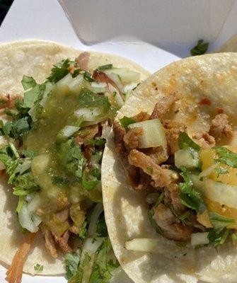 Two Tacos -- Pastor and Carnitas -- both are pork, one marinated, one not, and both *excelente*!