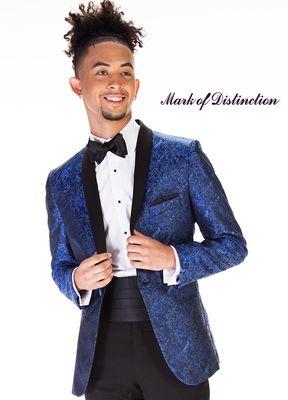 Cobalt Blue Paisley tuxedo with Black Shawl Lapels at Minsky Formal Wear