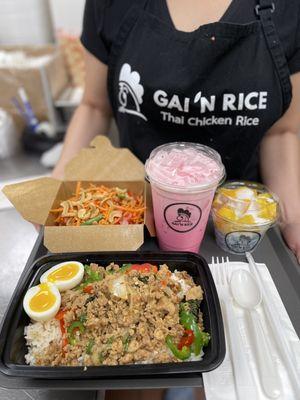 Thai carrot salad, Iced Pink Milk, Mango with Sticky Rice, and Ga Pao Gai (basil chicken)