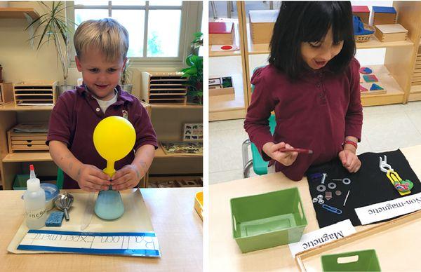 The student on the left is experimenting with baking soda & vinegar to produce CO2! On the right, this student is working with magnets.