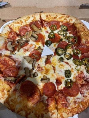 Large pepperoni with 1/2 mushroom and 1/2 jalapeño for $8.99