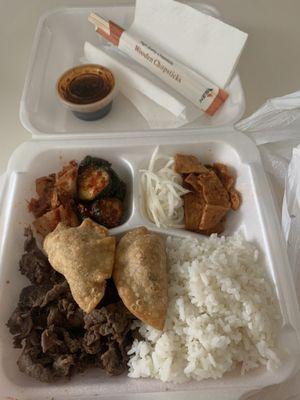 To go Lunch portion Beef Bulgogi. It was delicious! $16.99 so a little on the pricy side for lunch.