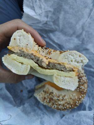 Sausage egg and cheese on everything bagel