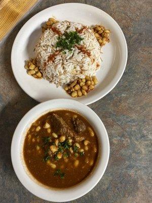 White kidney beans with cubes beef served with white rice and fattoush salad