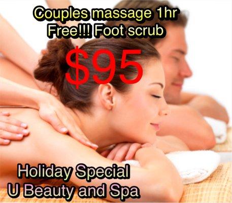 $95 couples massage 1hr Free foot scrub