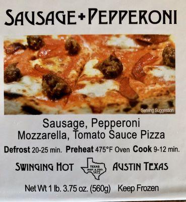 Great Sausage and Pepperoni Pizza. Bought in the frozen pizza aisle at HEB. Yum!