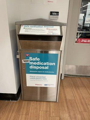 Medication disposal kiosk inside the store and outside the pharmacy.