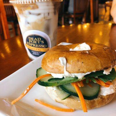 Veggie breakfast sandwich and iced latte.