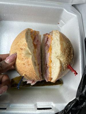 Ham and cheese on a plain bagel