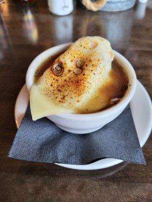 Cup of French Onion soup: tasteless.