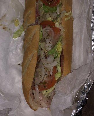 Small 12" Toasted Hot Italian Sub with everything on it, oil and mayo.