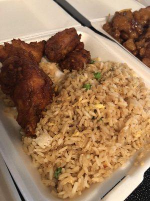 Chicken fried rice and fried chicken