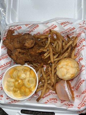 Fried Chicken plate w/fries, mac n cheese, and a cheddar biscuit