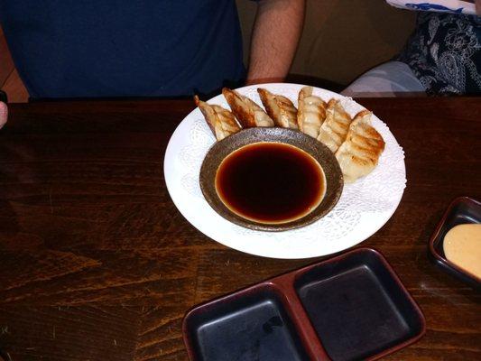 Gyoza dumpling appetizer with soy dipping sauce