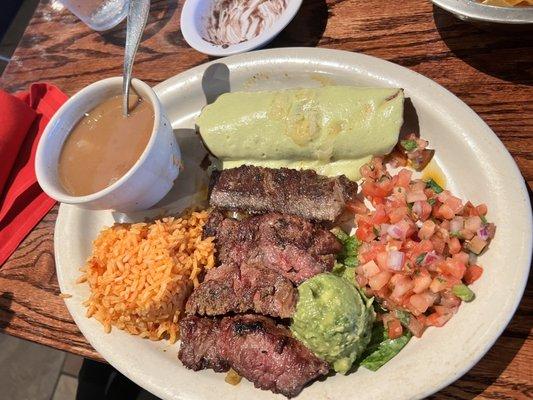 Carna asada tempiqueno (misspelt) with a Shrimp enchilada(substitution)