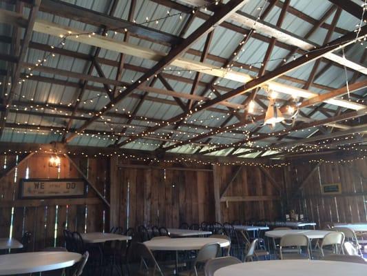 The inside of their barn seating area.