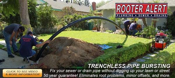 Trenchless Pipe Bursting Sewer Repair. Save your landscape and street. No Dig Sewer and Drain Repairs. 30 years experience.