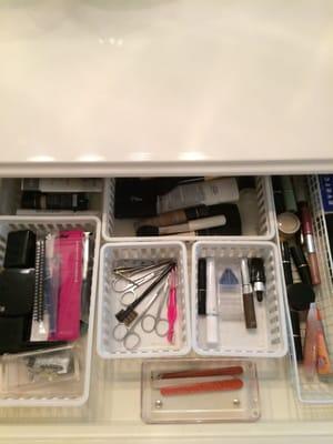 After makeup drawer is organized. Using containers w/like items is essential for easy access.