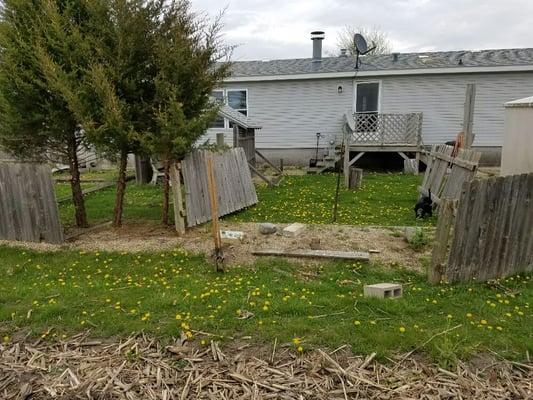 Fence Repair in Riddick IL. 3 broken posts removed and replaced. Section nailed back on with 5 yr warranty.