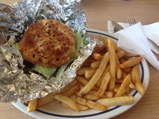 Burger and fries, pretty good for the price.