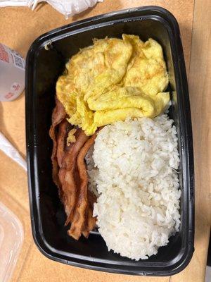 Bacon, eggs, and rice.