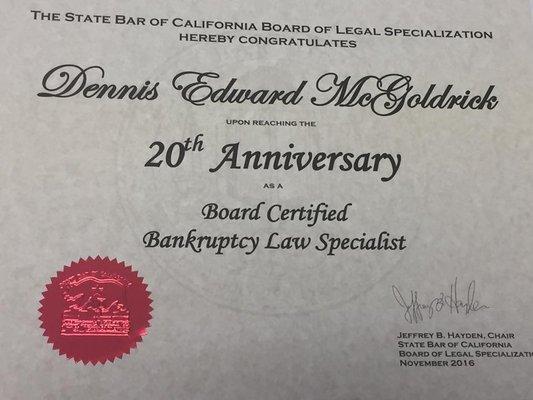 Congrats from the State Bar, 20 years certified as a Specialist in Bankruptcy Law