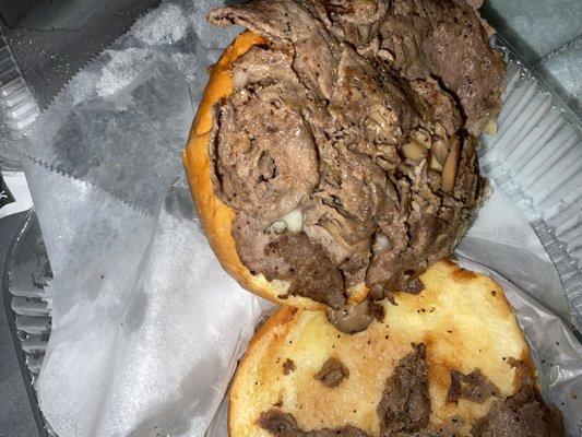 Inside cheesesteak sandwich