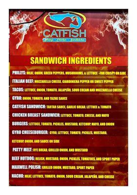 Sandwich Ingredients.Catfish.Philly Sandwiches Crispy Philly Italian Beef Chicken  Wings Gyros Fish Salads Nachos Hotdogs Burgers etc.Cool!