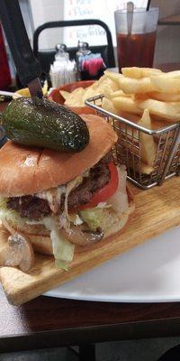 Mushroom burger and fries. So yummy!