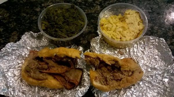 Pulled pork and Brisket sammies with sides