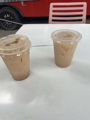 Left is a iced latte with Carmel and vanilla