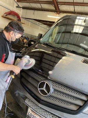 Berto Restores the paint on a Mercedes Sprinter that was told it needed to be repainted! Berto SAVES the customer thousands!