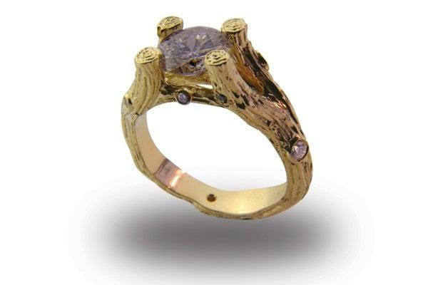 18kt Hand Carved Natural Twig Style Engagement Ring with 4/5 Carat Round Diamond and assorted Small Round Diamonds